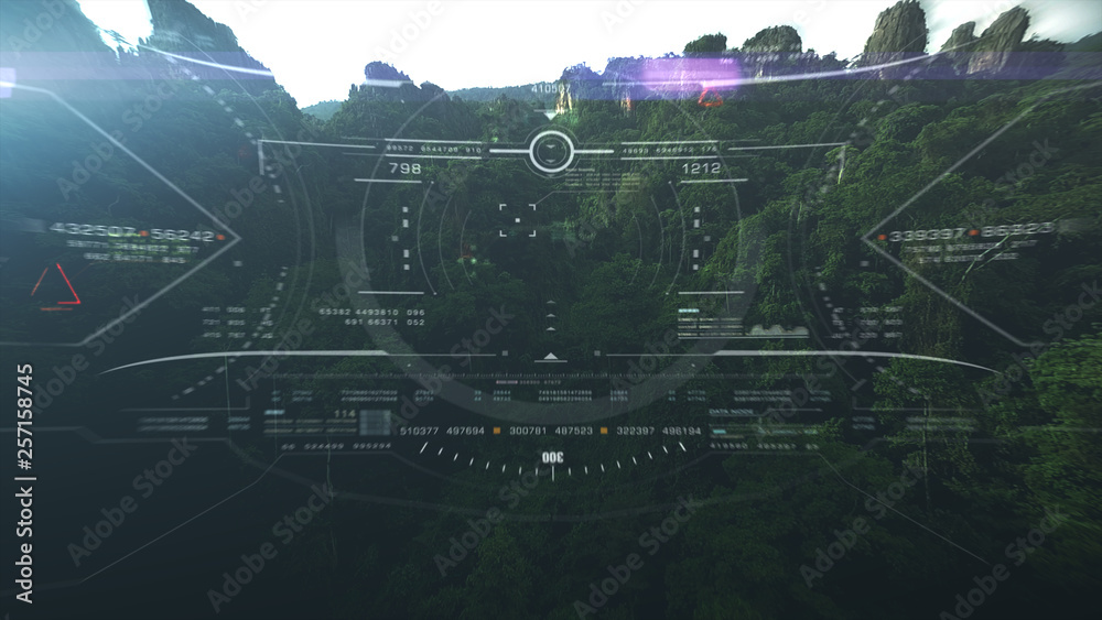 Poster Aerial view from the fighter plane's cockpit flying in the lime stone mountain canyon with head up display acquire targets and enemies location hidden in the dense mountain forest