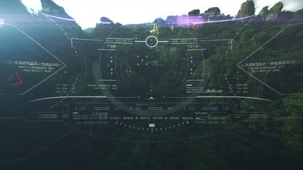Aerial view from the fighter plane's cockpit flying in the lime stone mountain canyon with head up display acquire targets and enemies location hidden in the dense mountain forest