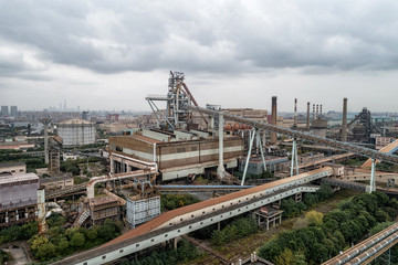 aerial view of industrial buildings in an abandoned factory