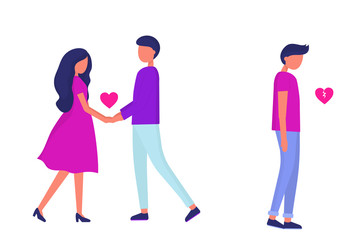Relationship problems. Divorce and treason. Love triangle. Woman in a relationship with another man. Modern vector people.