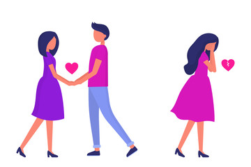Male treason, the guy in a relationship with another woman. The girl is crying. Flat vector people.