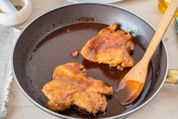 Chicken in Teriyaki Sauce in a Pan - Chinese and Japanese Cuisine