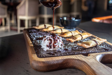 nutella crispy roll with chocolate syrup