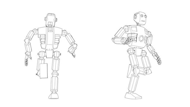 Droid cyborg robot is running. Rear view and perspective. 3d sketch looped animation.