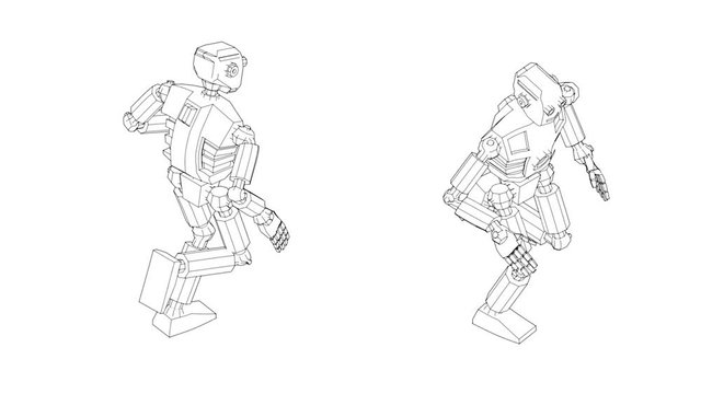 Robot android run cycle. Isometric front and back view. 3d sketch looped animation.