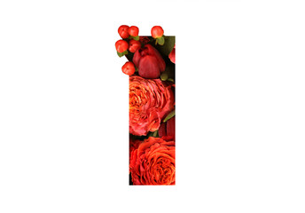 Floral font letter I from a real red-orange roses for bright design. Stylish font of flowers for conceptual ideas.