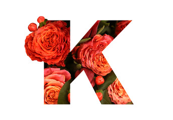 Floral font letter K from a real red-orange roses for bright design. Stylish font of flowers for conceptual ideas.