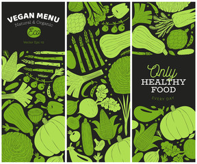 Set of hand drawn vegetables design templates. Monochrome graphic. Vegetables background. Linocut style. Healthy food. Vector illustration