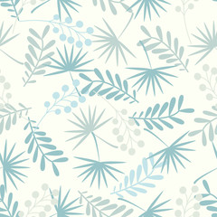 seamless pattern with leaves in pastel blue colors - vector illustration, eps