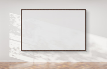 Wooden frame hanging on a wall mockup 3d rendering