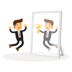 business man see himself being successful in a mirror