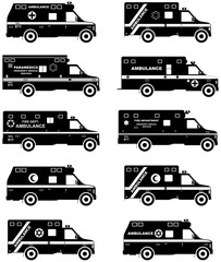 Medical concept. Set of different silhouettes jewish, muslim, american, european car ambulances isolated on white background in flat style. Vector illustration.