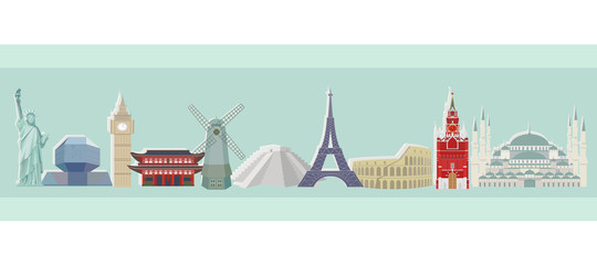 Panorama of world architectural landmarks. Isolated color vector.