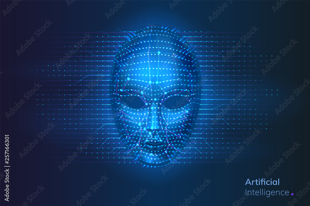 Poster Robot or artificial intelligence cyber face with dots and lines. Neural network connections near bionic or virtual human head. AI and computer technology, identification and intellect concept