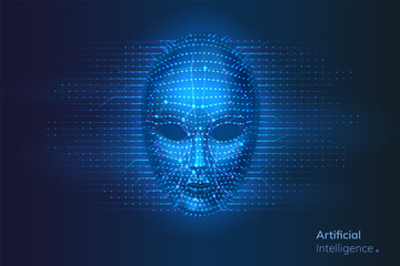 Robot or artificial intelligence cyber face with dots and lines. Neural network connections near bionic or virtual human head. AI and computer technology, identification and intellect concept