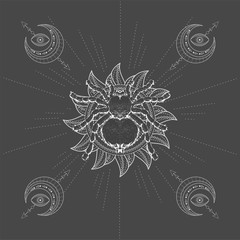 Vector illustration with hand drawn Spider Tarantula and symbol Sun on black background. Abstract mystic sign.