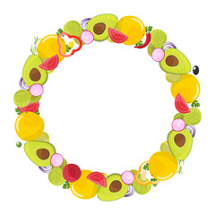 Menu background, circle border, frame design. Pieces of vegetables, sliced ingredients, for organic food concept. Vector illustration.