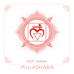 Vector illustration with symbol Muladhara - Root chakra and decorative frame on white background.