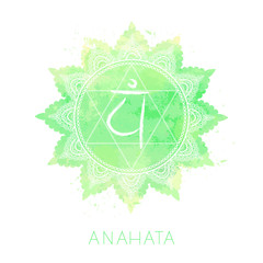 Vector illustration with symbol chakra Anahata and watercolor element on white background.