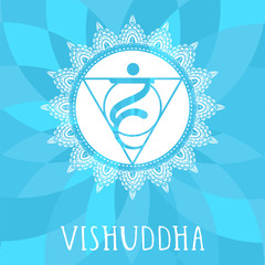 Vector illustration with symbol chakra Vishuddha  on abstract background.