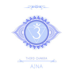 Vector illustration with symbol chakra Ajna - Third Eye chakra and decorative elements on white background.