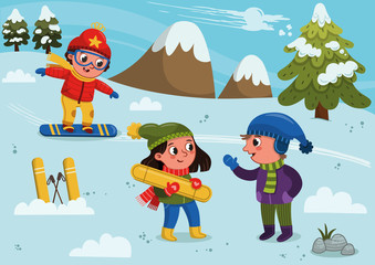 Vector illustration of three skier kids.