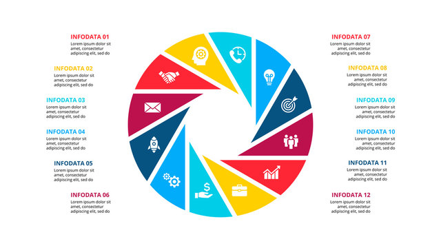 Cirle infographic with 12 options or steps. Abstract flat element of cycle diagram. Vector business template for presentation.