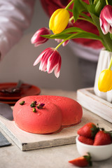 Heart Cake picture . Lovely delicious heart cake. cheesecake on a plate and a wooden table.