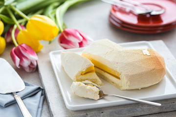 Heart Cake picture . Lovely delicious heart cake. cheesecake on a plate and a wooden table.