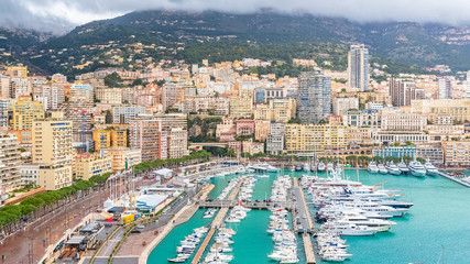 Monaco, bay of Monte Carlo with the marina, luxury buildings and towers 