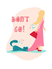 Cute cat doesn't want his master to leave in cartoon flat style. Hand drawn illustration with quote.