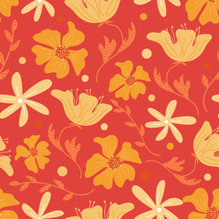 Trendy floral seamless pattern with doodle flowers. Vector background design.
