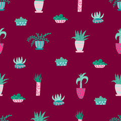 Cute seamless pattern with house plants. Flowers in a pots. Hygge home. Vector background design.