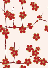 梅とメジロのパターン。 シームレスな日本の模様。 春の和柄。 梅の花のイメージイラスト。