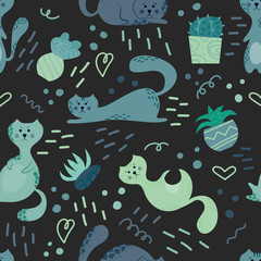 Cute seamless pattern with house plants, cats and doodles. Flowers in a pots. Hygge home. Vector background design.