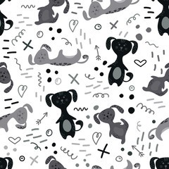 Cute seamless pattern with dogs and doodles. Flowers in a pots. Hygge home. Vector background design.