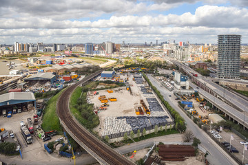 Fototapeta na wymiar Aerial view of East London and Excel redevelopment from Emirates cable car.