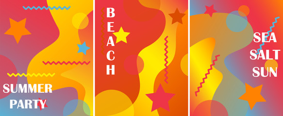Set of 3 abstract backgrunds. Dynamic textured background design in 3D style. Fluid gradients. Summer poster for design.