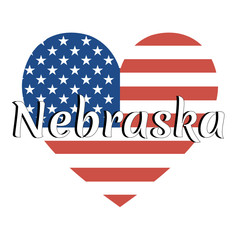 Heart shaped national flag of The United States of America with inscription of state name: Nebraska in modern style. Vector EPS10 illustration.