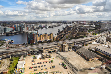 Aerial view of East London and Excel redevelopment from Emirates cable car.