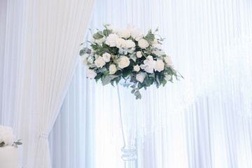 Wedding bouquet in restaurant on the table