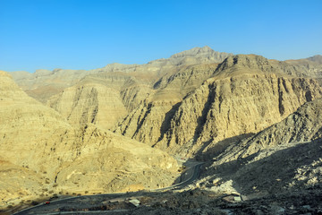 Geological landscape of Jabal Jais characterised by dry and rocky mountains, Mud Mountains in Ras Al Khaimah, United Arab Emirates