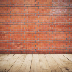 Brick wall room and wood floor background and texture with copy space.