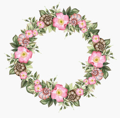 Roses and shells. Watercolor flower seamless wreath.
