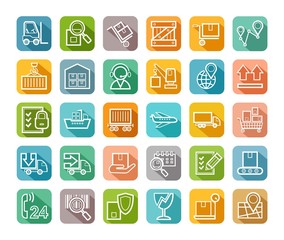 Shipping, flat icons, thin lines, colored, vector. Cargo transportation and delivery of goods. White outline icons on a colored background with a shadow. Vector clip art. 