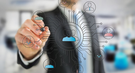 Businessman drawing thin line social network icons interface