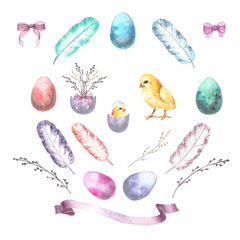 Happy Easter decorated eggs. Watercolor set