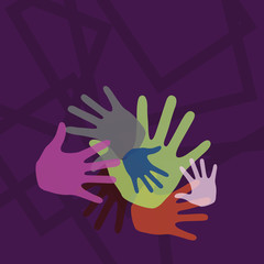 Obraz premium Color Hand Marks of Different Sizes Overlapping for Teamwork and Creativity Copy Space design Empty template text for Ad, promotion, poster, flyer, web banner, article