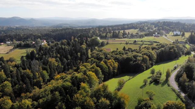 Bird's eye view of the Bieszczady Mountains. View from the drone.