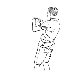 Sketch of man taking photo with smart phone, Back view, Hand drawn linear illustration